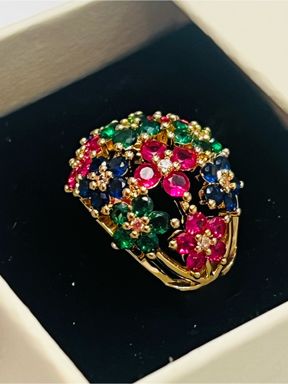 Gold-Tone Multicolor Floral Crystal Ring — Pink, Green & Blue